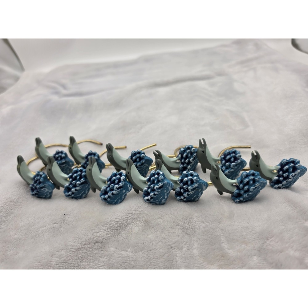 Vtg Shower Curtain Hooks 12 Count Blue Dolphins Ceramic Bathroom Decor